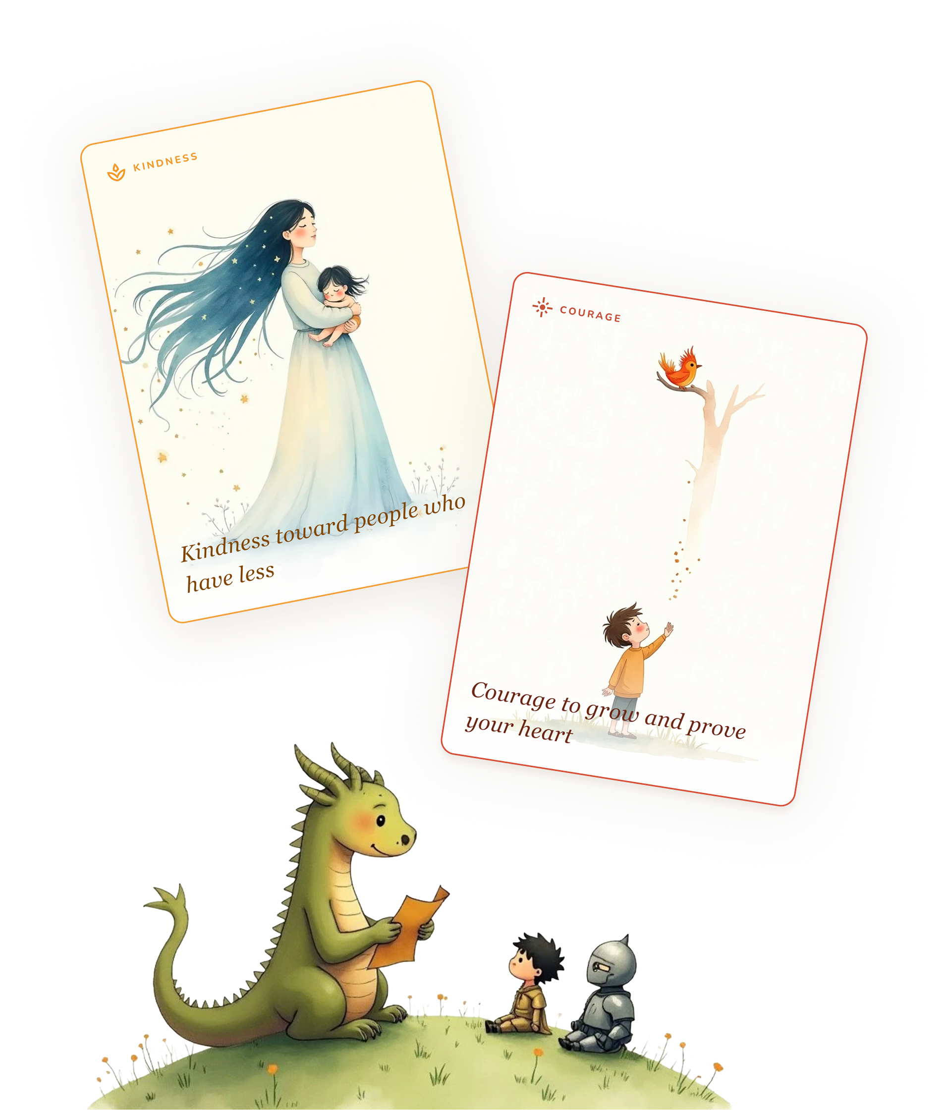 A dragon reading a story to two children, beside sample Kindness and Courage cards